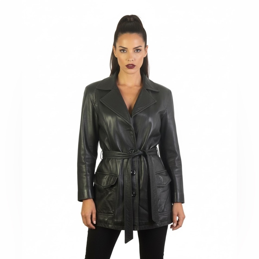 AKOURY CUIRS BLACK LEATHER COAT LAMBSKIN SOFT LEATHER BELTED SINGLE BREAST SMALL